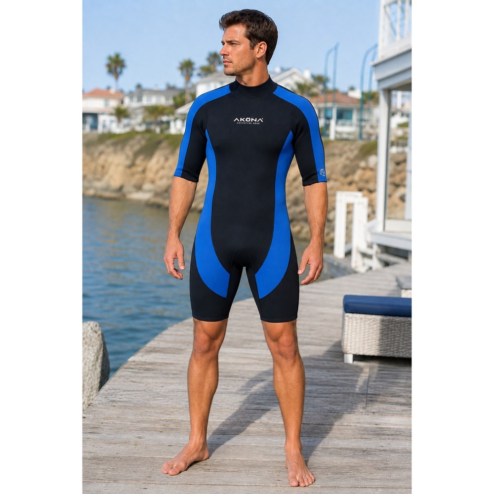 Akona Adventure Gear Mens Wetsuit LG Black Blue Long Sleeve Shorty Scuba Dive